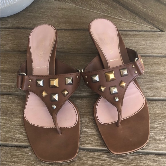 Prada Shoes - PRADA Kitten Heel Thong Sandal Metallic Studs 8.5